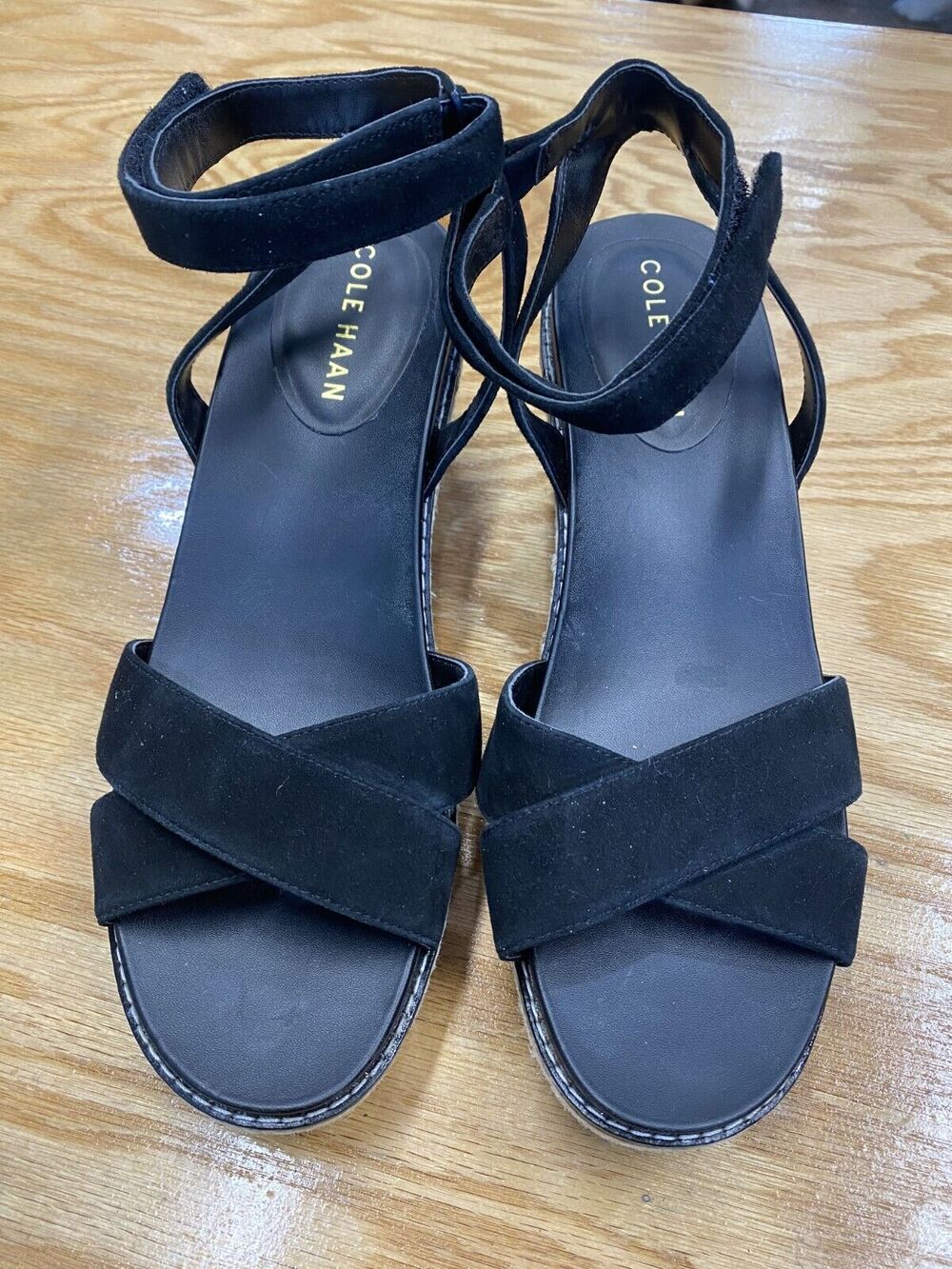 Cole Haan Cloudfeel Espadrille Wedge Sandals Women's 9.5 B Black Ankle Strap S63